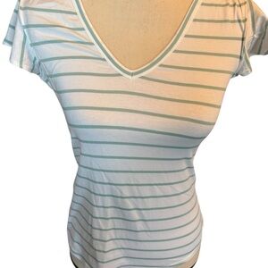 White House Black Market Light Blue Striped V-Neck Tee